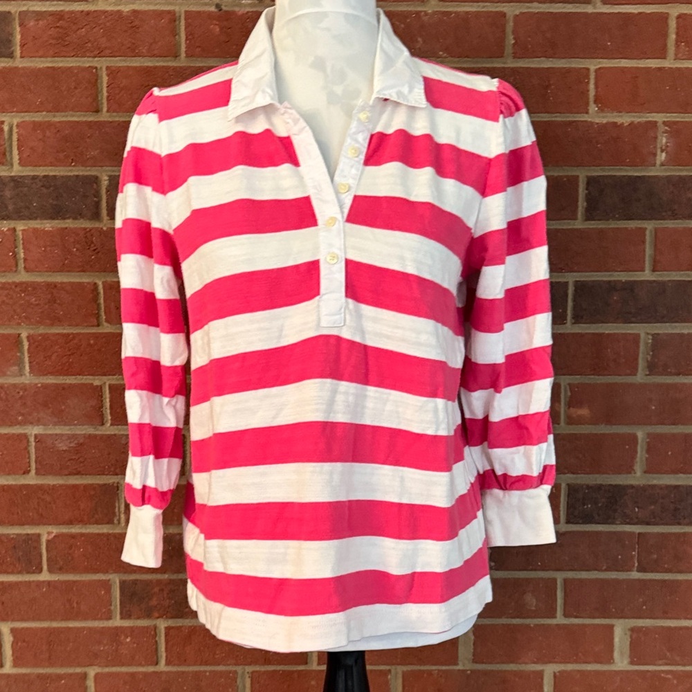 LOFT Pink and White Rugby Striped Polo Style Shirt